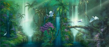 Fantasy Falls grues forêts tropicales Peinture à l'huile